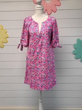 Lilly Pulitzer Easley T-Shirt Dress Floral Printed Notch Neck Tie Sleeves Sz.M